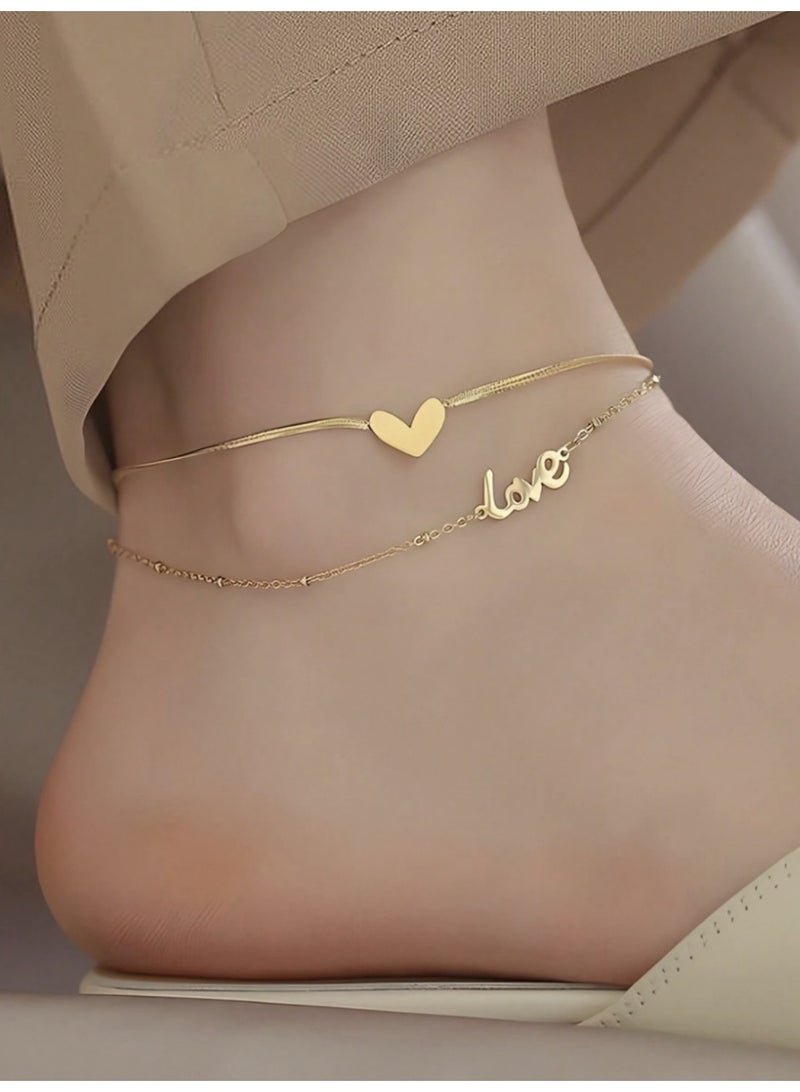 veya A High-Quality Double-Layer Titanium Anklet, 18K Gold Plated With A Stylish LOVE Design That Never Fades. - Image 1